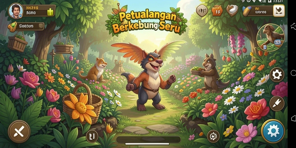Tampilan gameplay 47F yang menawan dengan ladang hijau dan beragam tanaman.