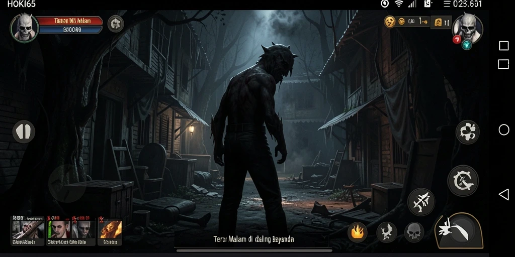 Screenshot gameplay menegangkan dari HOKI65 dengan suasana Horror yang kelam.