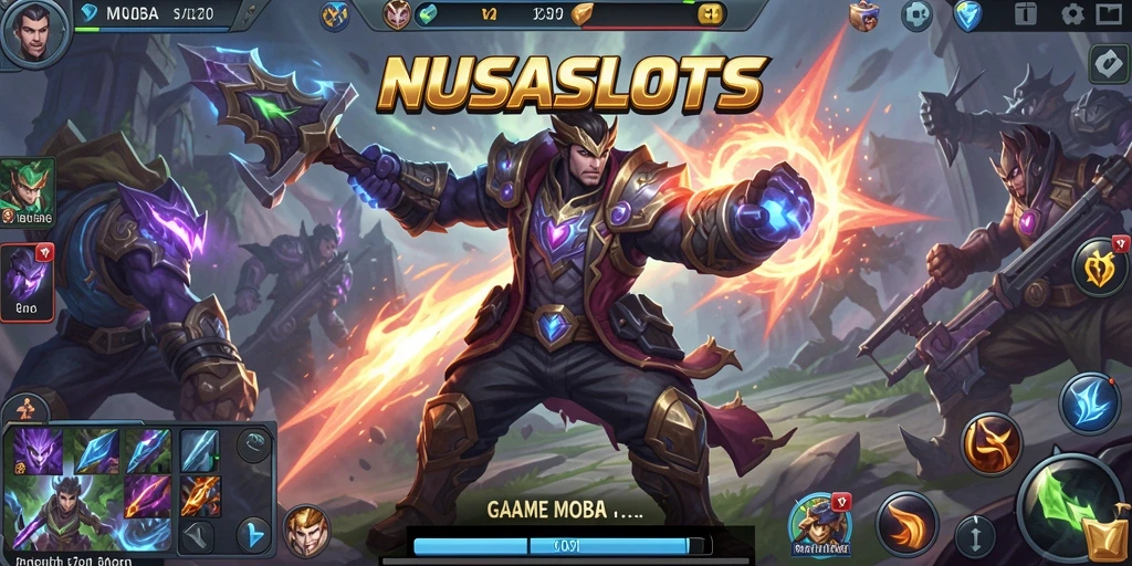 Tampilan gameplay seru NUSASLOTS dalam pertempuran tim MOBA.