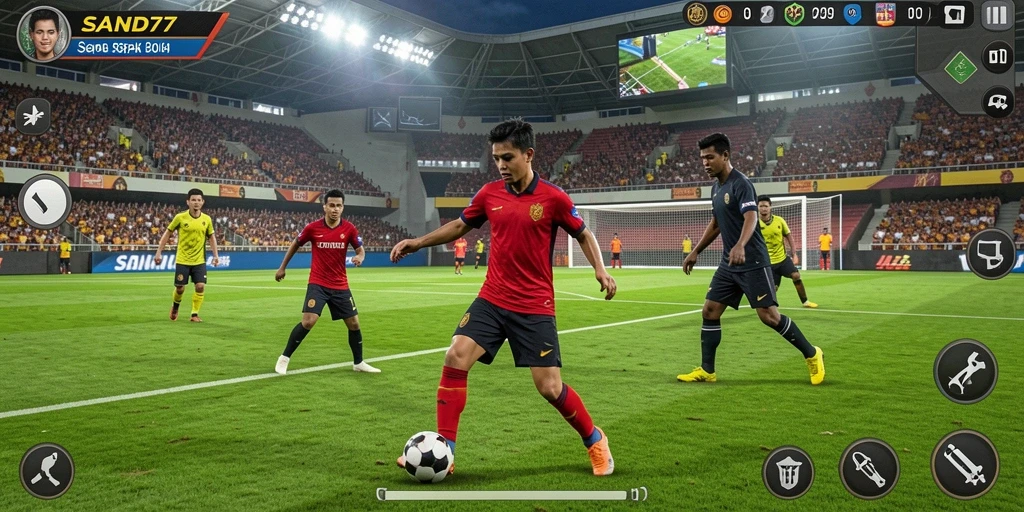 Gameplay menarik dalam SAND77 menunjukkan aksi sepak bola seru.